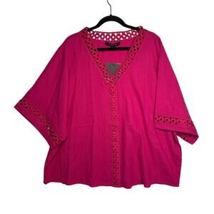 Marc New York Linen 1/2 Wide Sleeve Eyelet Lagenlook V-Neck Blouse Top Pink 3X